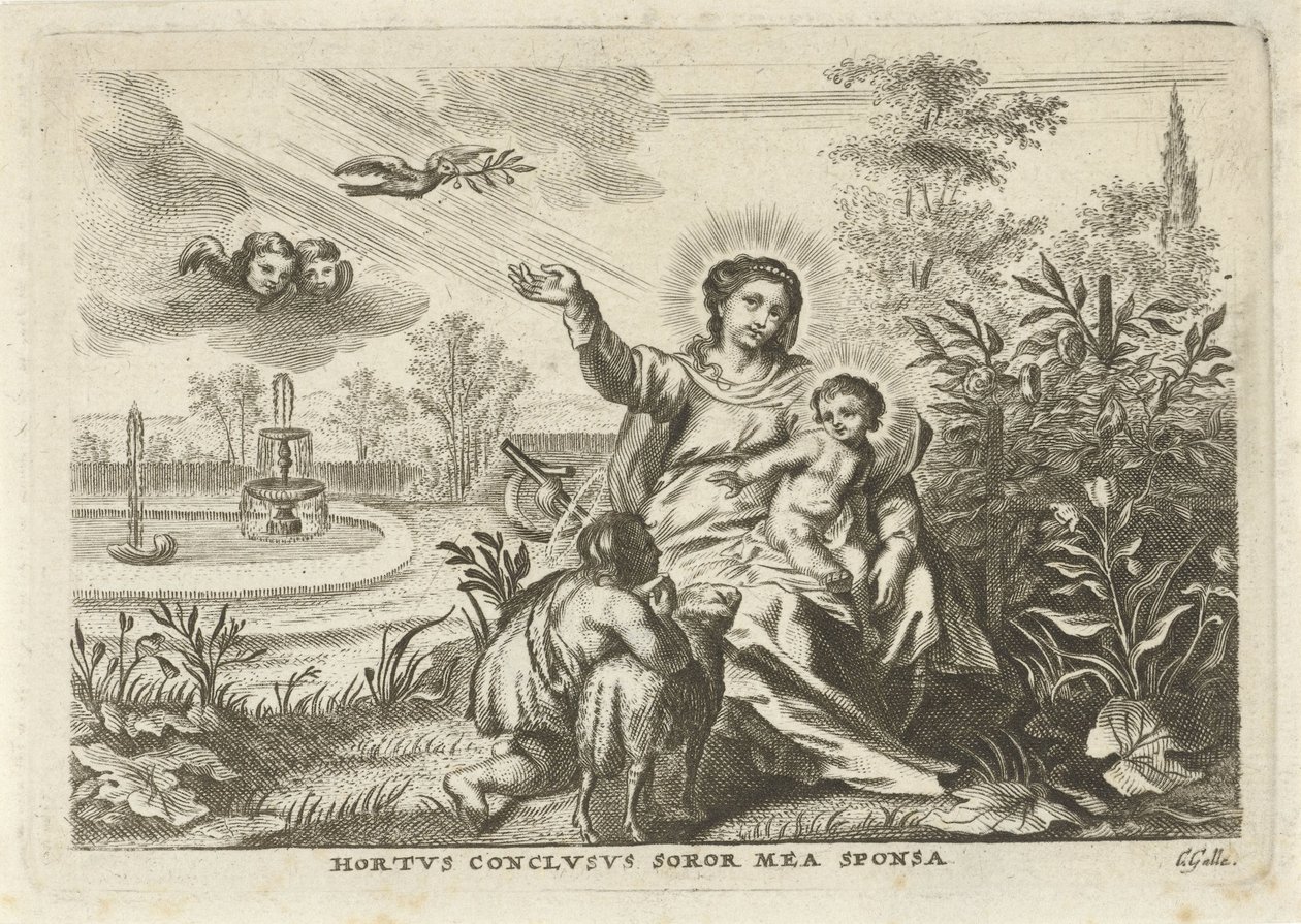 Maria träffade Kind en Johannes de Doper i de Hortus Conclusus av Cornelis Galle (II)