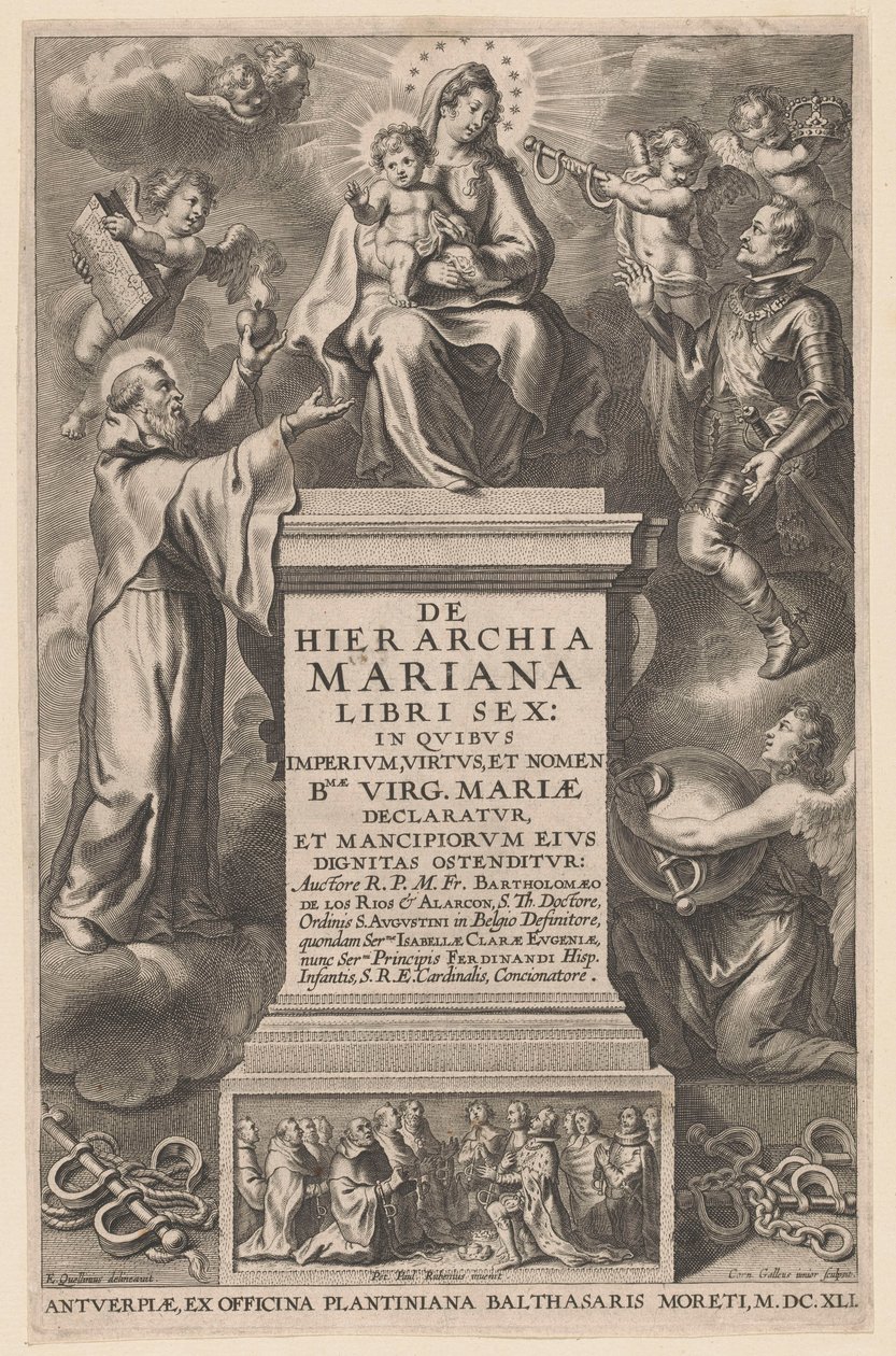 Tronande Maria med barn Titelsida för: B. de los Rios, De hierarchia Mariana libri sex, Antwerpen: 1641 av Cornelis Galle (II)