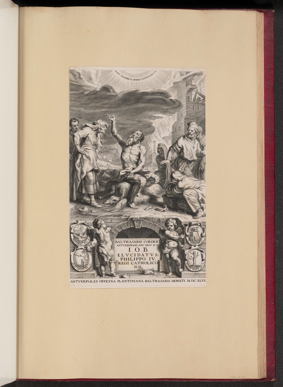Titelsida för Balthasar Cordier, Iob Elvcidatvs av Cornelis Galle II after Abraham van Diepenbeeck