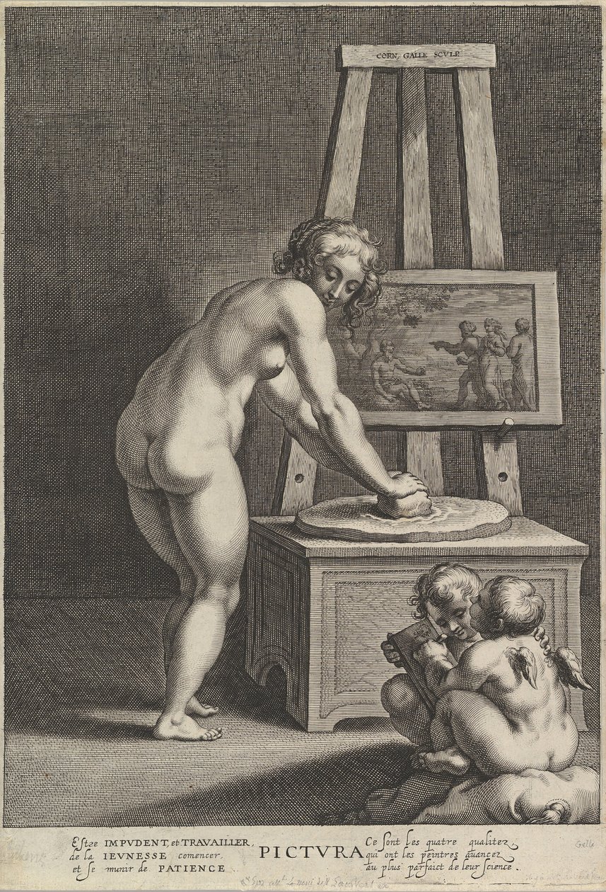 Bild: allegori över målning, med en naken kvinna i mitten som maler pigment, två p..., ca. 1610-50. av Cornelis Galle I