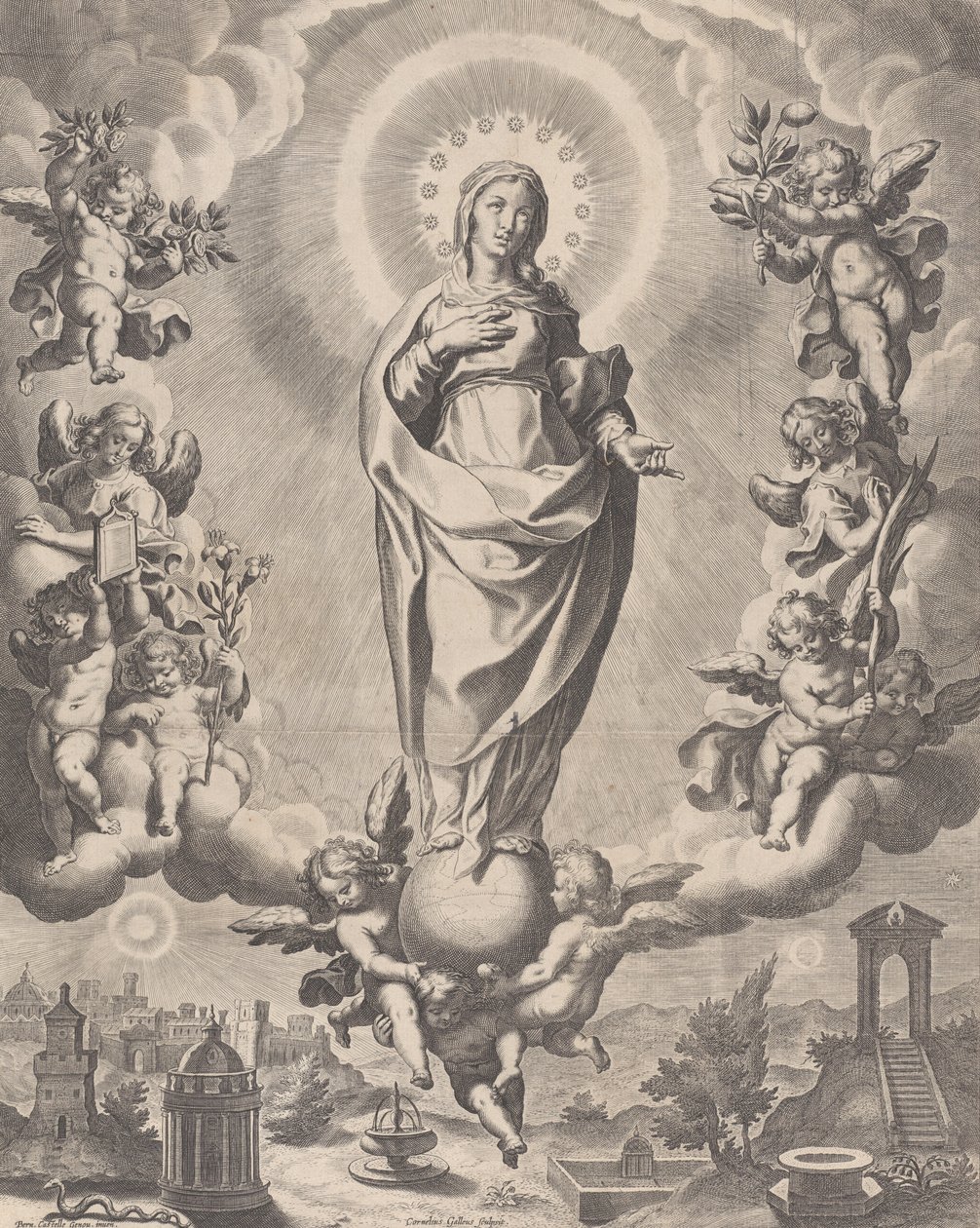 Jungfrun i ära, stående på moln och omgiven av änglar som håller i symbolerna ..., 1595-1633. av Cornelis Galle I