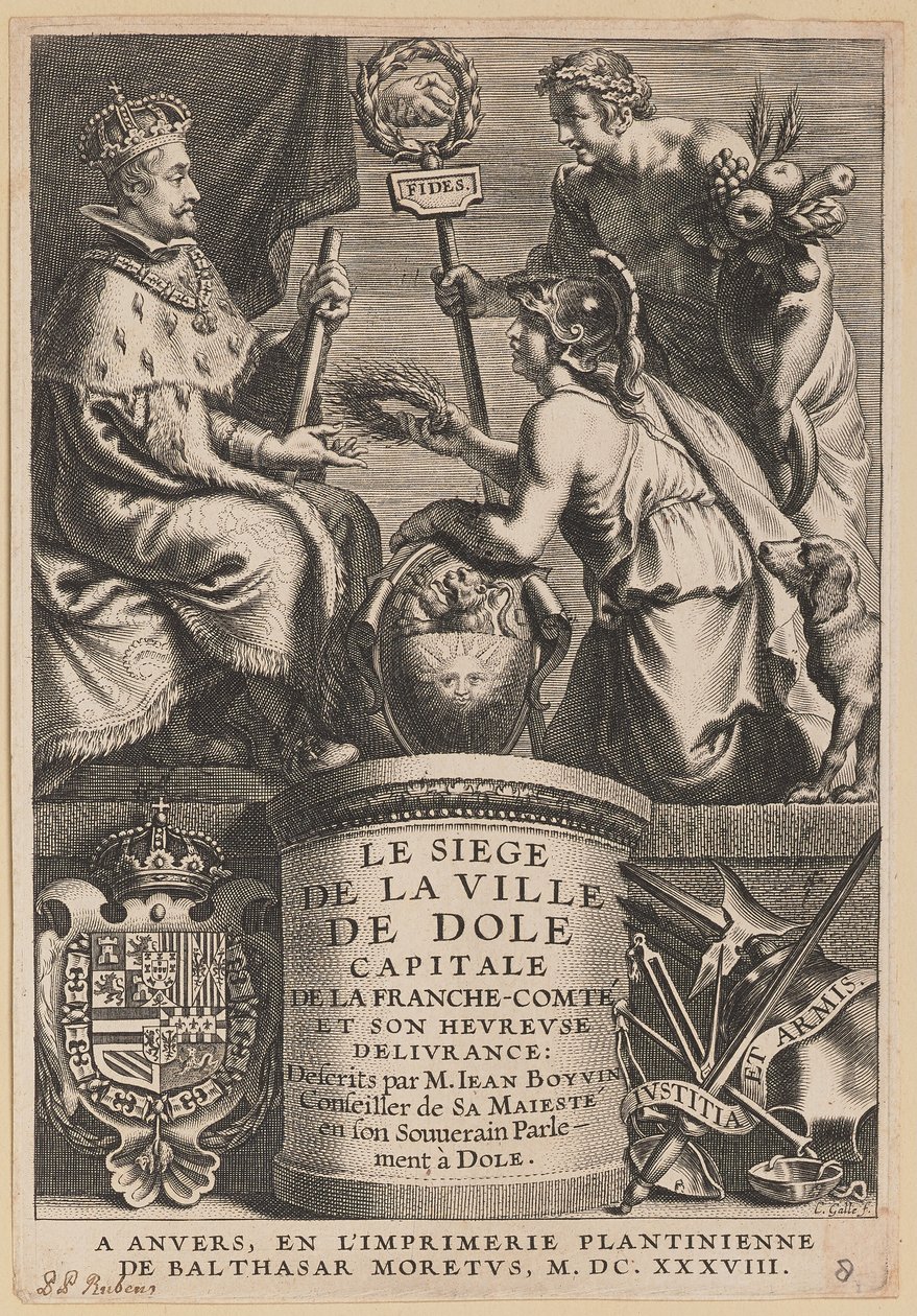 Titelsida för Jean Boyvin, Belägringen av staden Dole av Cornelis Galle I after Erasmus Quellinus II after Sir Peter Paul Rubens