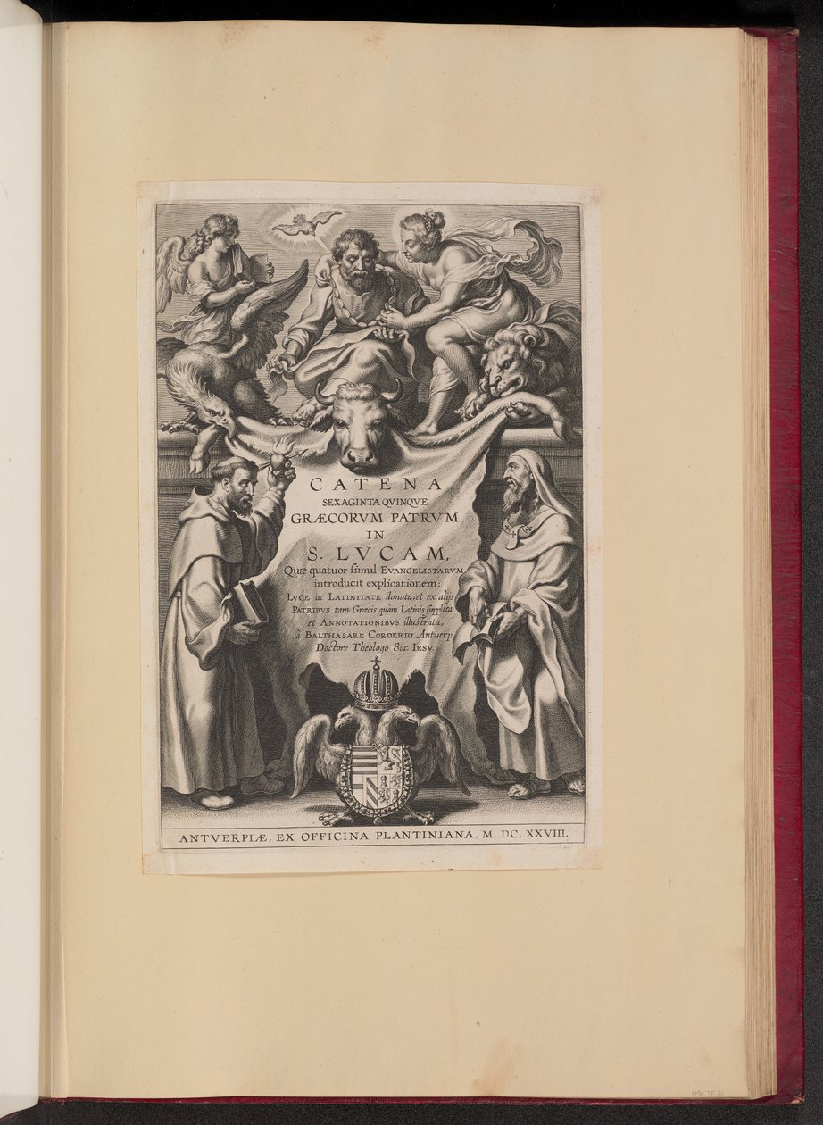 Titelsida för Balthasar Cordier, Chain of Sixty Qvinqve Graecorvm Patrvm in S. Lvcam... av Cornelis Galle I after Sir Peter Paul Rubens