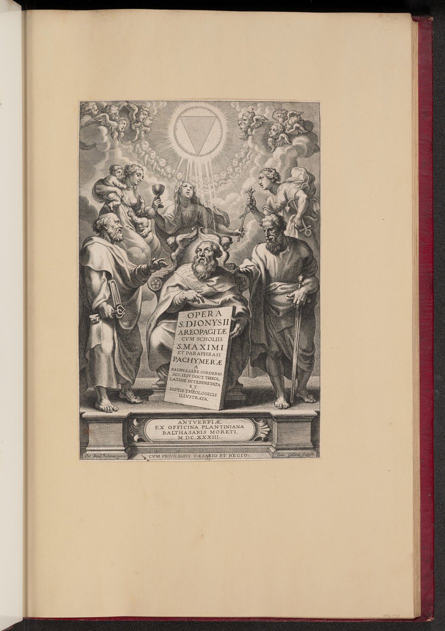 Titelsida för Balthasar Cordiers "Verk av St. Dionysius Areopagiten, I" av Cornelis Galle I after Sir Peter Paul Rubens