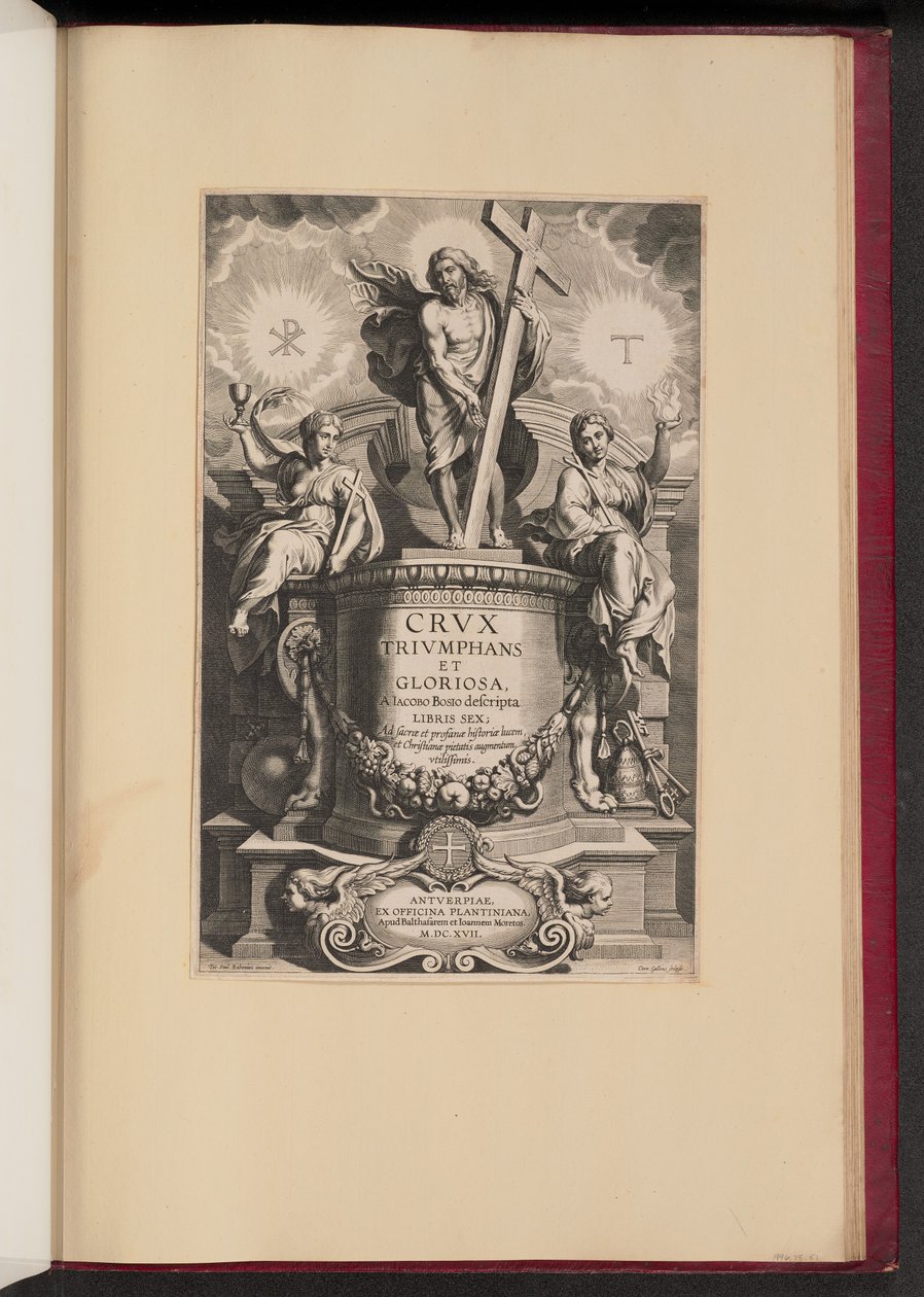 Titelsida för Giacomo Bosio, Triumphant and Glorious Cross av Cornelis Galle I after Sir Peter Paul Rubens