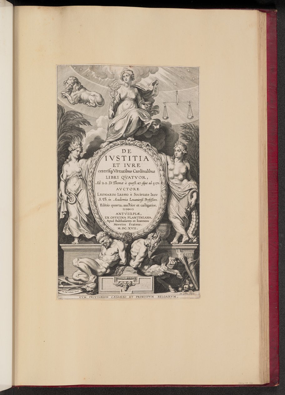 Titelsida för Leonard Lessius, De Ivstitia et Ivre... av Cornelis Galle I after Sir Peter Paul Rubens