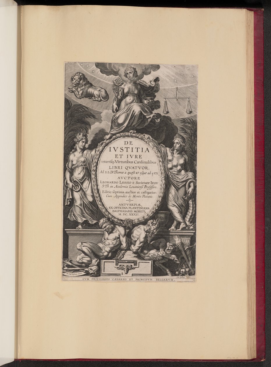Titelsida för Leonard Lessius, De Ivstitia et Ivre av Cornelis Galle I after Sir Peter Paul Rubens