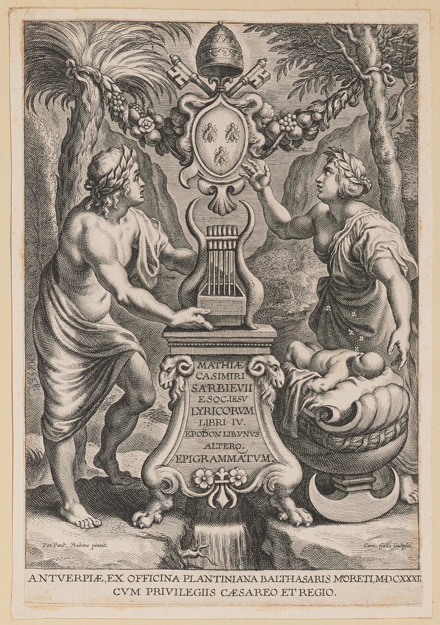 Titelsida för M.C. Sarbievsky, Lyricum Bok IV av Cornelis Galle I after Sir Peter Paul Rubens