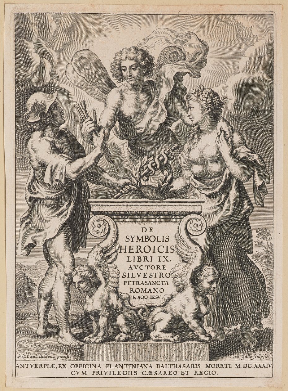 Titelsida för Silvester Pietrasanta, om heroiska symboler av Cornelis Galle I after Sir Peter Paul Rubens