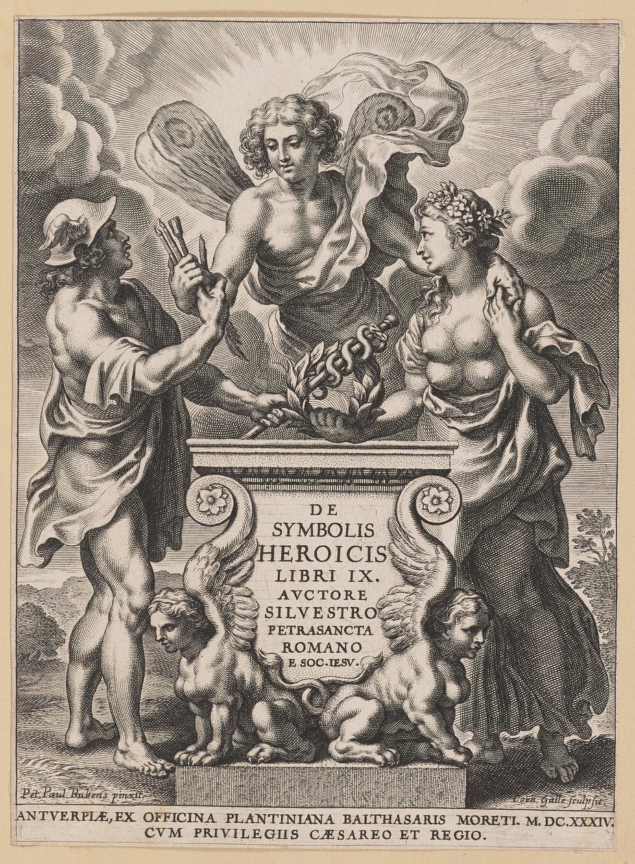 Titelsida för Silvester Pietrasanta, om heroiska symboler av Cornelis Galle I after Sir Peter Paul Rubens