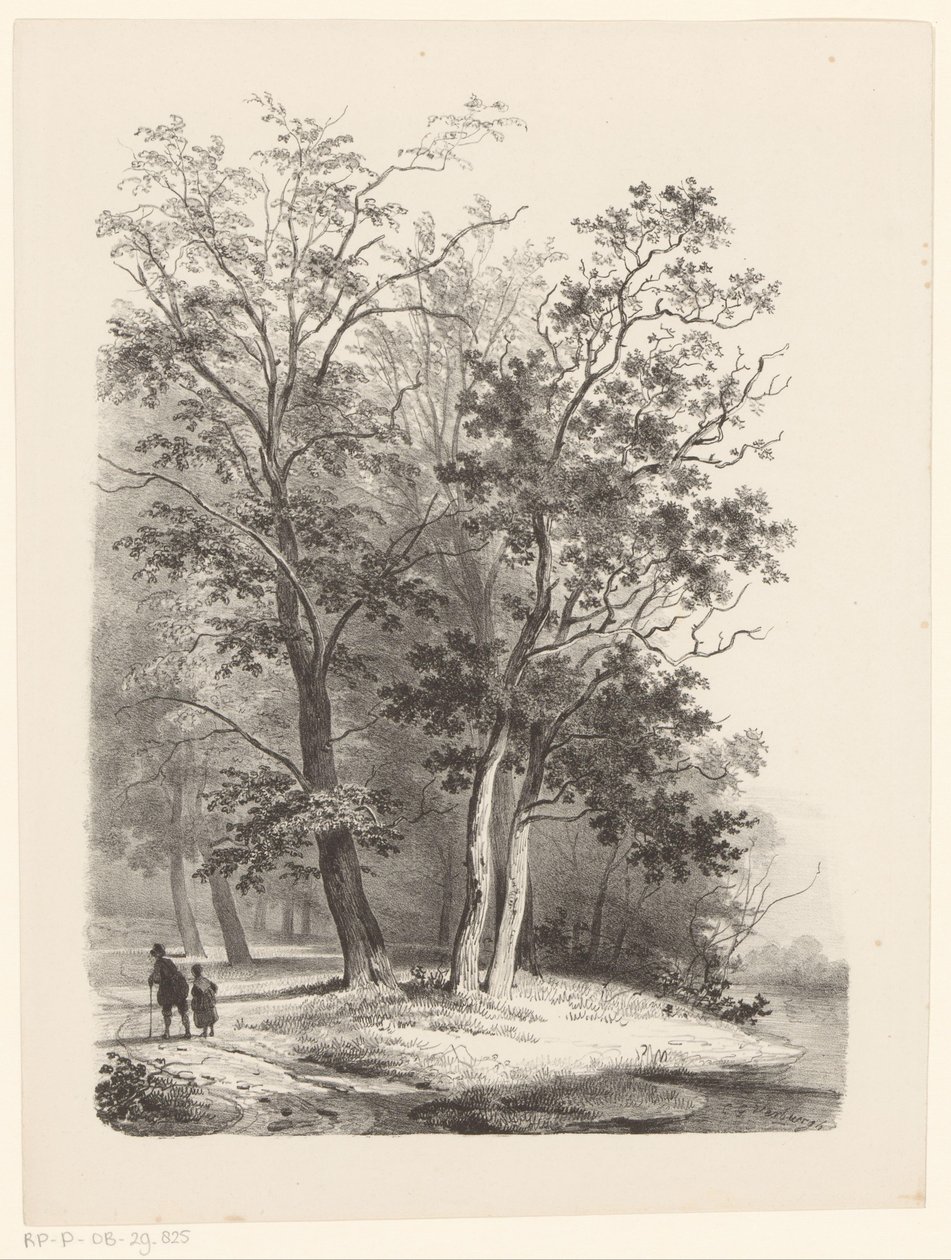 Två figurer som går i en skog av Cornelis Gerrit Verburgh
