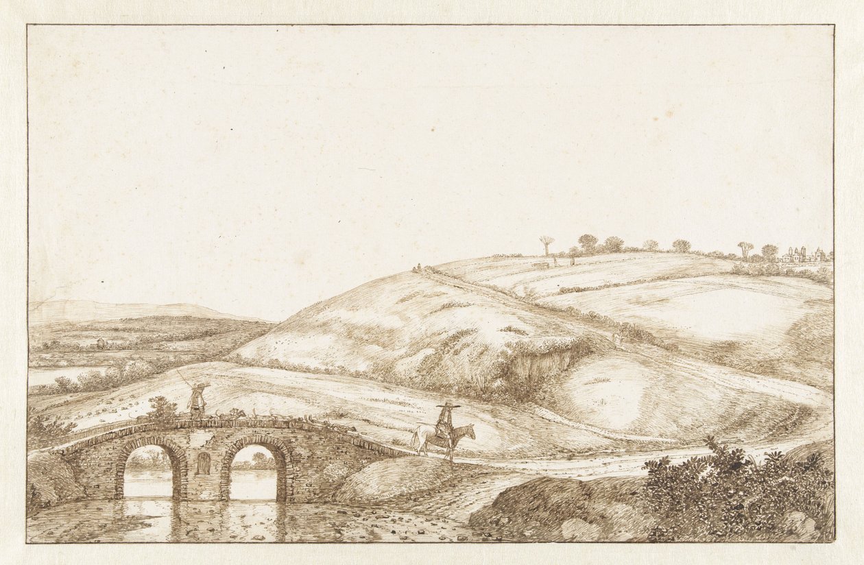 Kuperat landskap med stenbro av Hendrick Cornelisz. Vroom