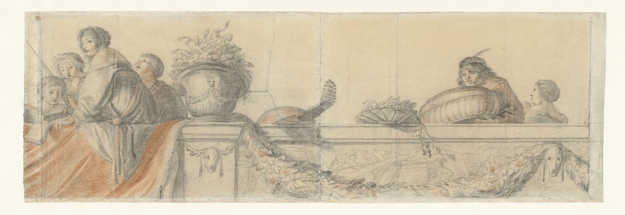 Människor på en balustrad med festonger Motiv för väggmålningar i Honselaersdijk Castle (serietitel) av Cornelis Holsteyn