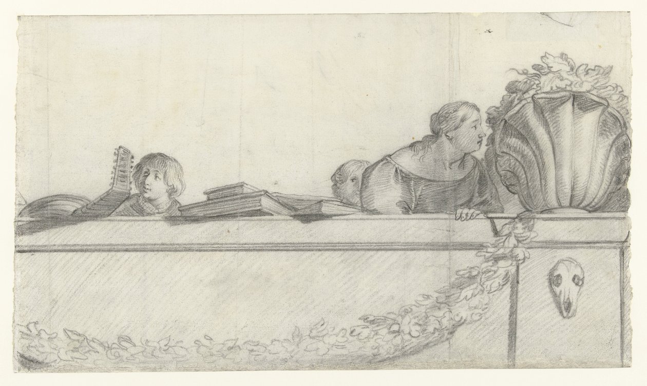 Människor på en balustrad med festonger Design för väggmålningar i Honselaersdijk Castle (serietitel) av Cornelis Holsteyn