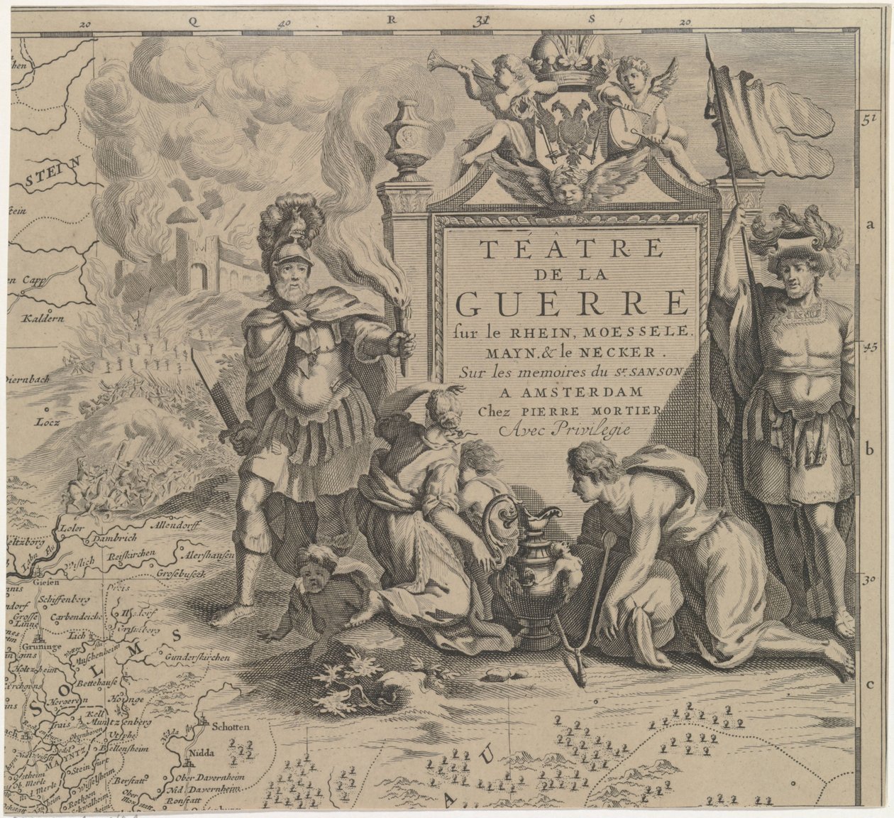Karta över Solms-regionen mellan Marburg och Frankfurt am Main i Tyskland (uppe till höger till vänster) Téâtre de la Guerre sur le Rhein, Moessele, Mayn & le Necker (titel på objekt) av Cornelis Huyberts