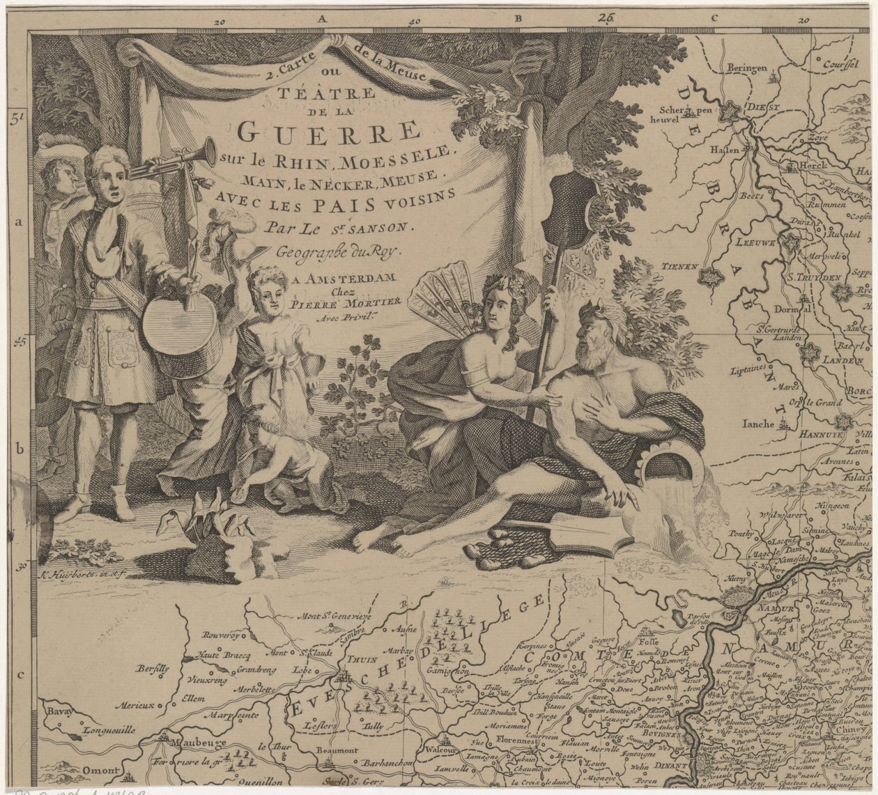 Karta över regionen öster och söder om Bryssel och länet Namur (överst till vänster) Carte de la Meuse eller Téâtre de la Guerre sur le Rhein, Moessele, Mayn, le Necker, Meuse avec les pais voisins (titel på objekt) av Cornelis Huyberts