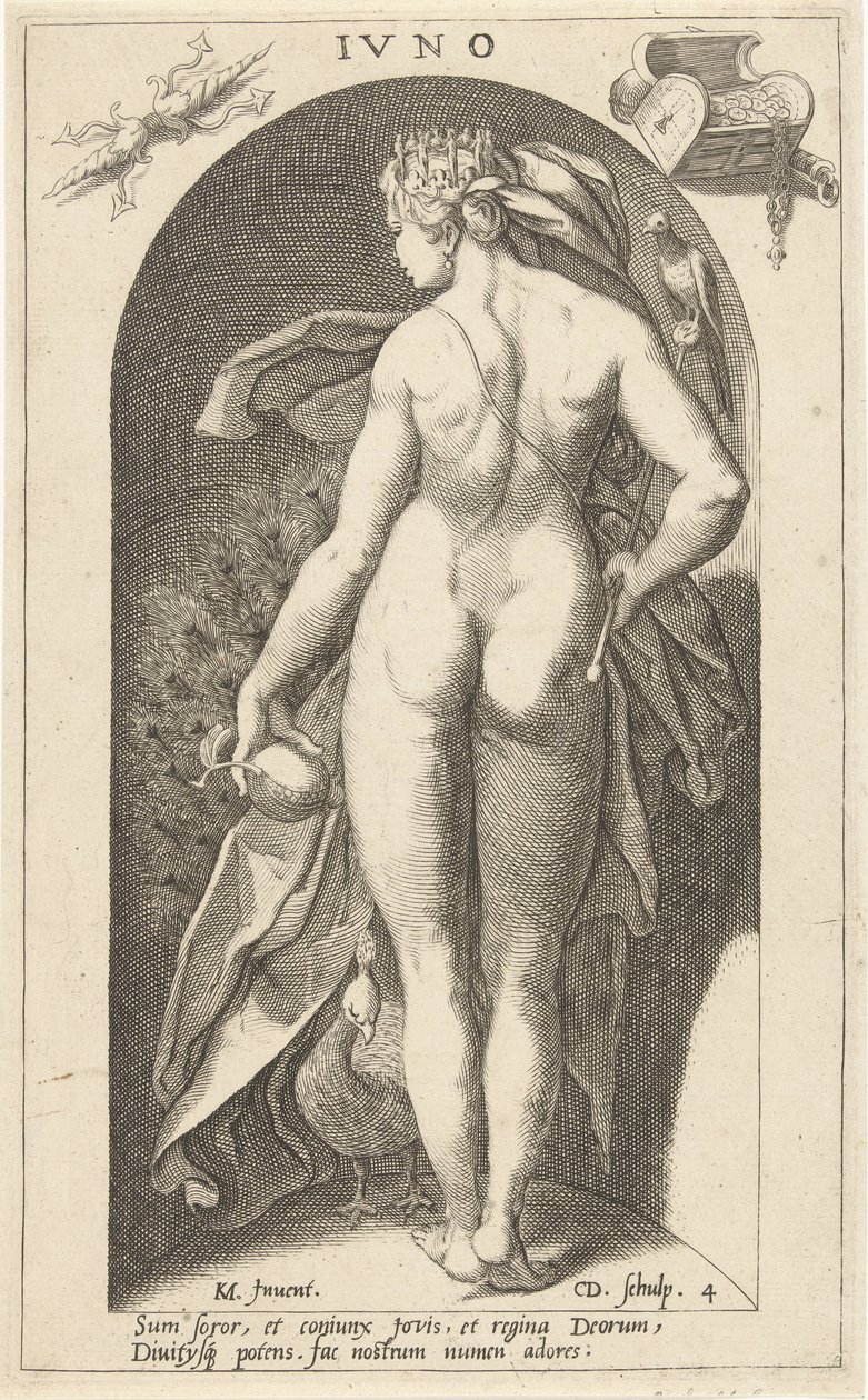 Juno med påfågel Ivno (titel på objekt) Ancient Gods (serietitel) av Cornelis Jacobsz. Drebbel