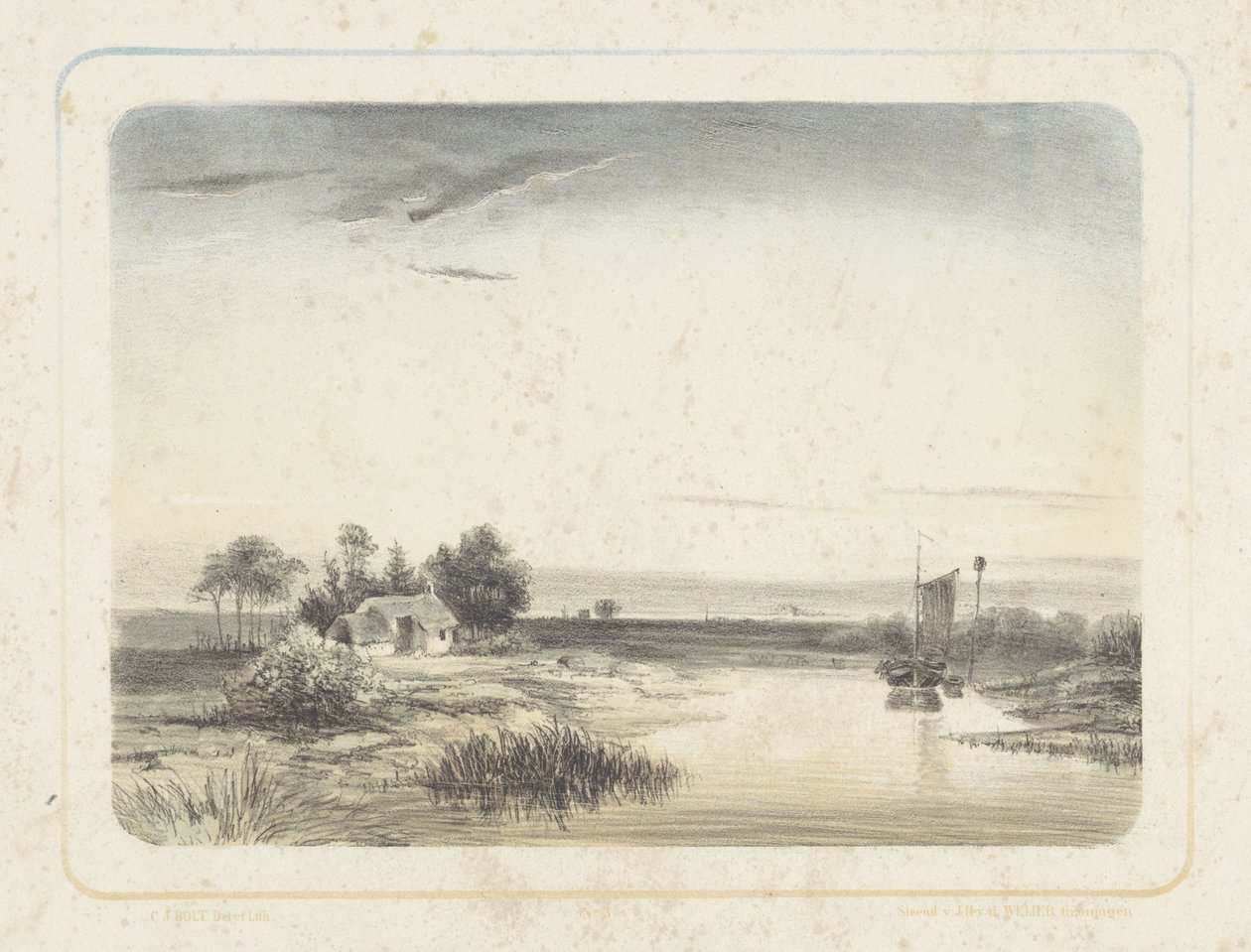 Flodlandskap med hus och segelbåt Sex landskap (serietitel) av Cornelis Jan Bolt