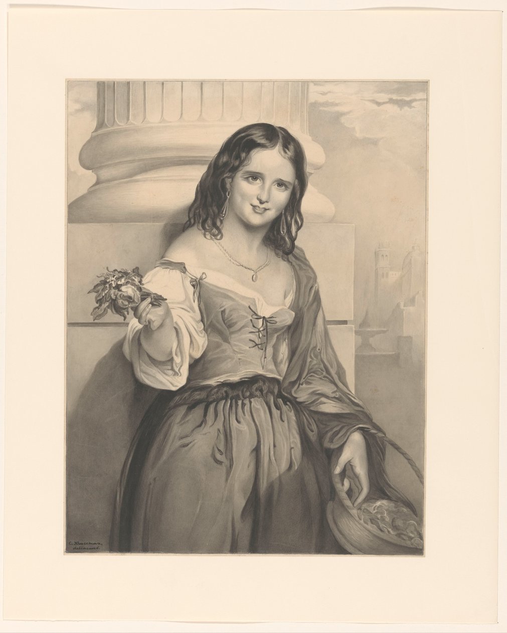 Blomsterförsäljare, stående framför en kolumn av Cornelis Kruseman