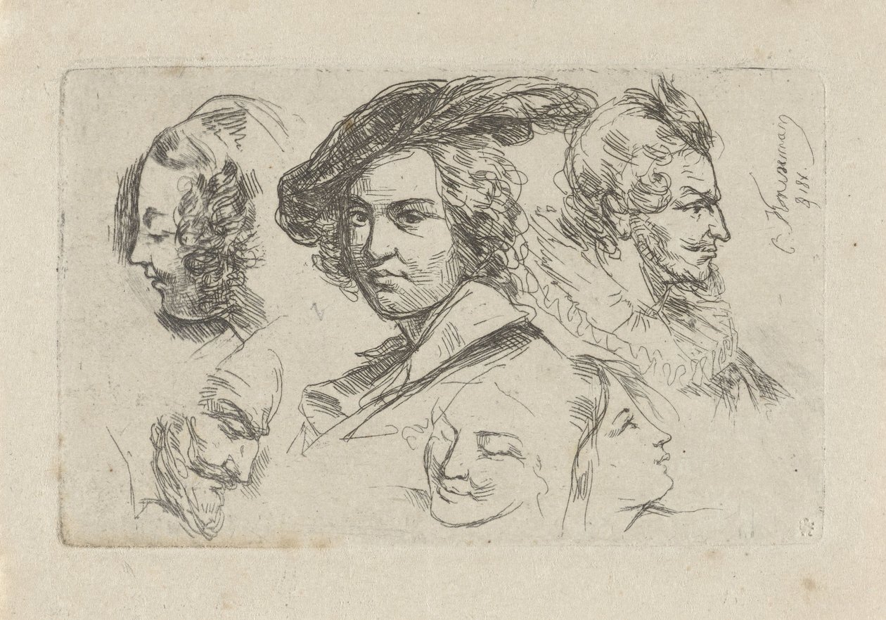 Studieblad med sex huvuden av Cornelis Kruseman