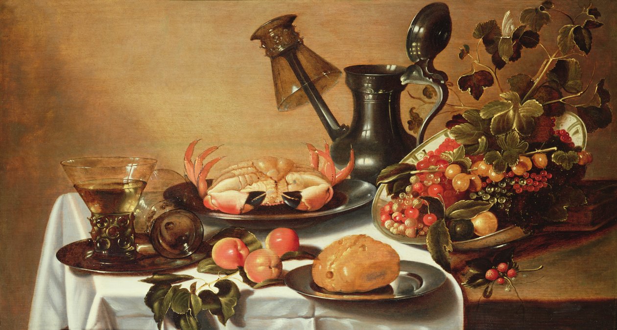 Stilleben av frukt med krabba, vält röhmer på pip av kanna av Cornelis Kruys