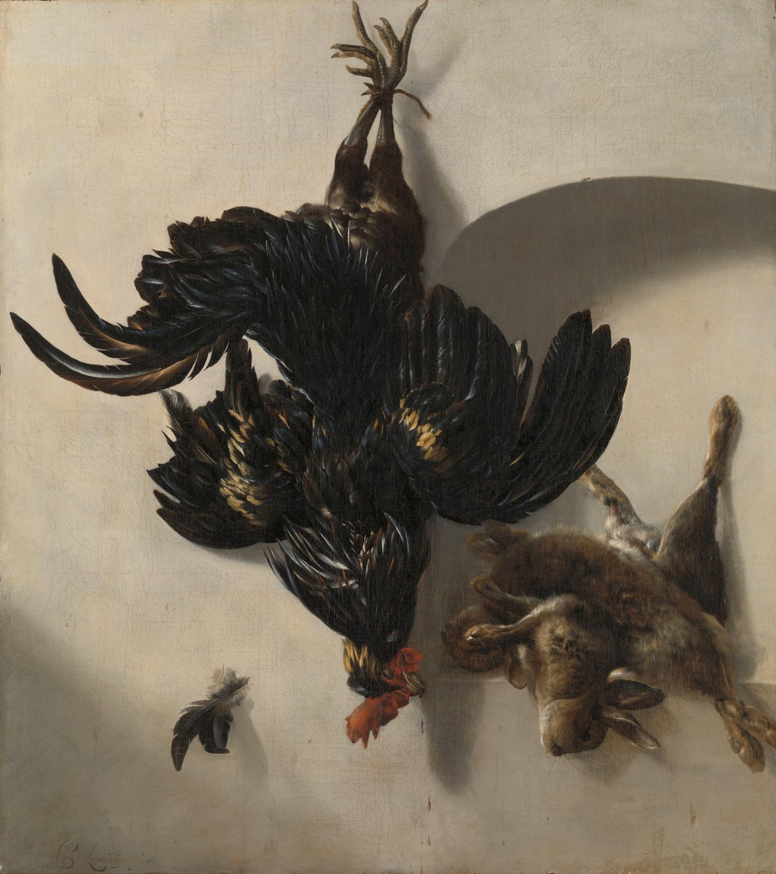 Stilleben med svart tupp och två kaniner av Cornelis Lelienbergh