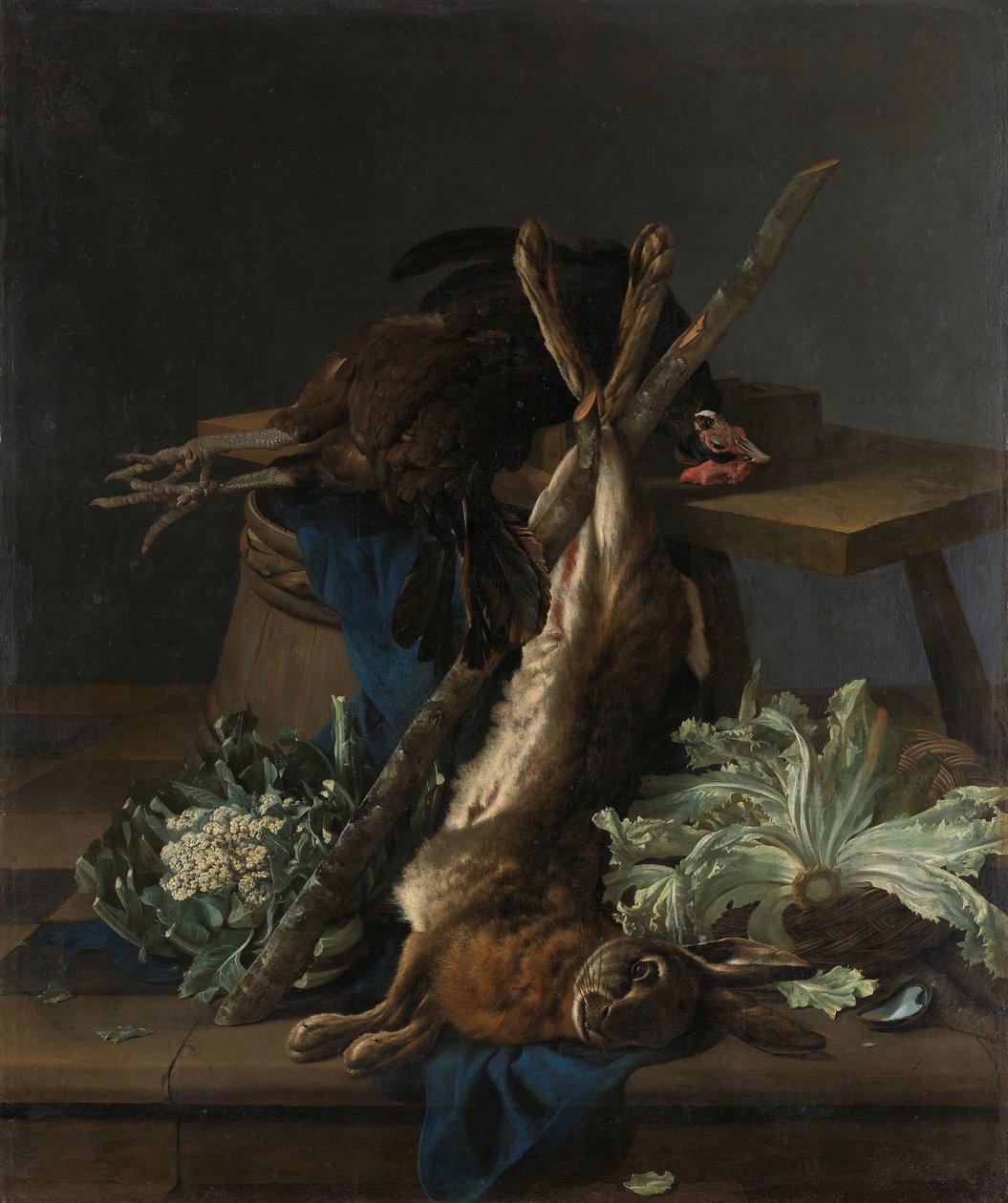 Stilleben med hare och en svart tupp av Cornelis Lelienbergh