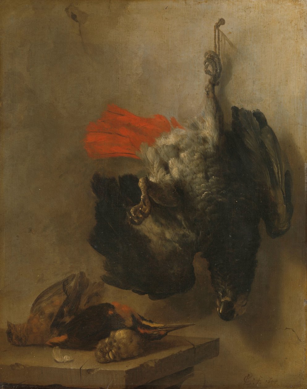 Stilleben med papegoja och snipor av Cornelis Lelienbergh
