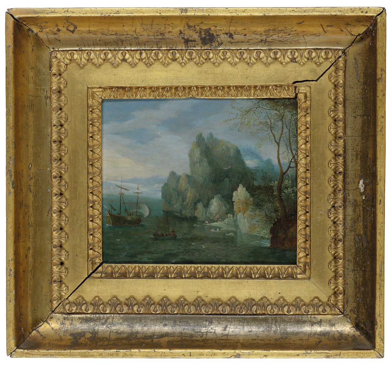 Ett stenigt kustlandskap med figurer på stranden och ett förtöjt pentry (olja på koppar) av Cornelis Liefrinck