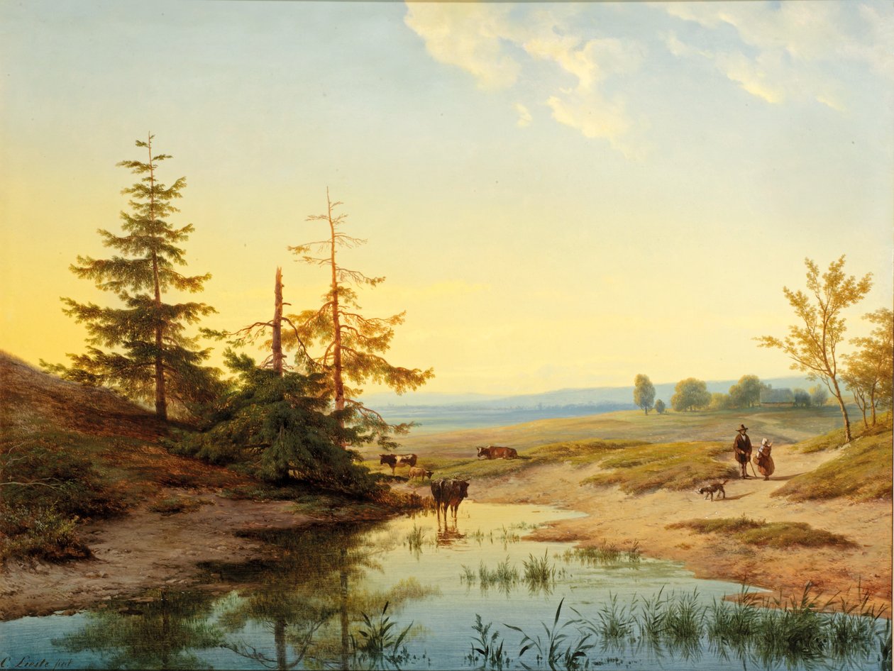 En hedmark med figurer och boskap vid en damm av Cornelis Lieste