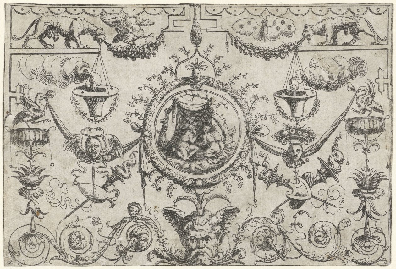 Prydnad med tre figurer på knä under ett tyg av Cornelis Massijs (attributed to)