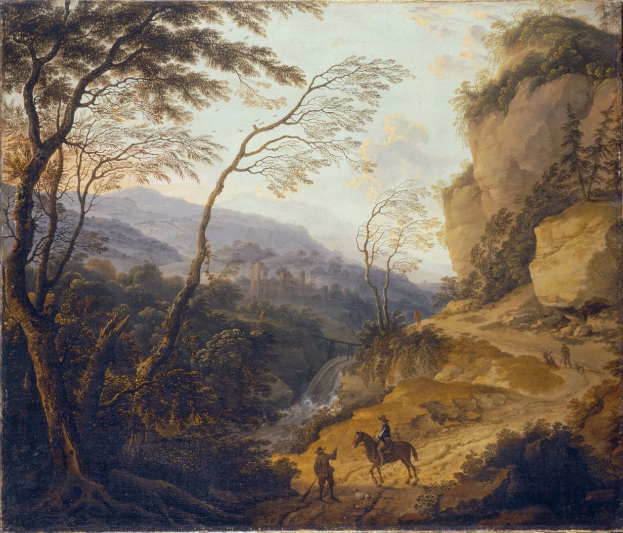 Holländska: Bergslandskap med en ryttare och en jägare i samtal av Cornelis Matthieu