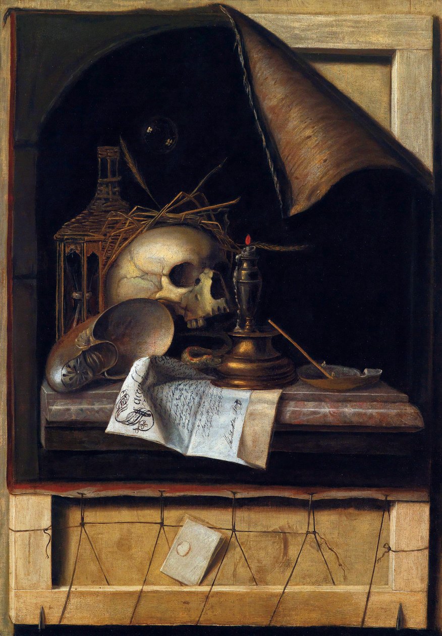 ""Nature morte a la vanite"" (Vanitas stilleben) Peinture de Cornelis Norbertus Gysbrechts ou Gijsbrechts (1630 - 1675) Olja på duk Dim 89x62 cm Privat samling av Cornelis Norbertus Gysbrechts