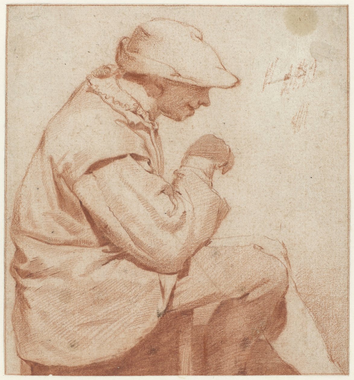 Sittande man med en mjuk mössa, i profil till höger, med höger hand upphöjd av Cornelis Pietersz. Bega (attributed to)