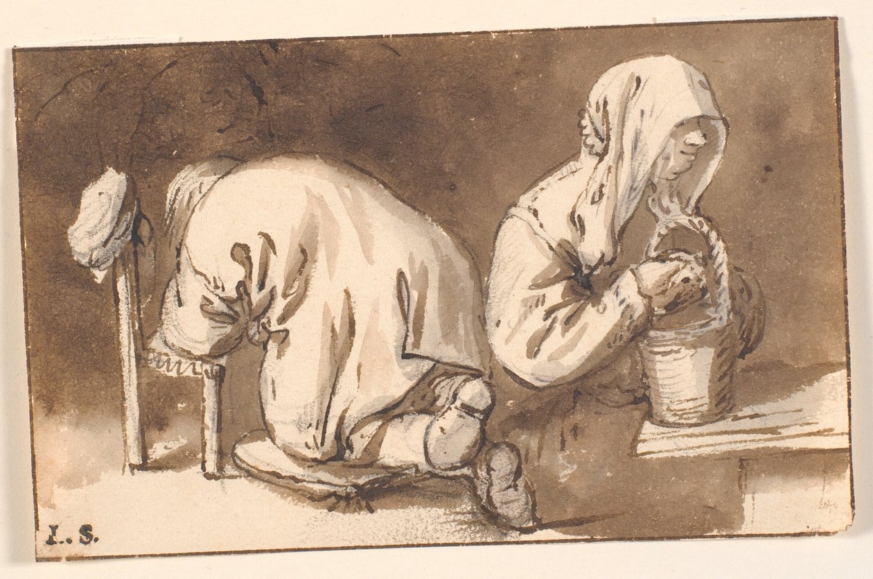 En knästående man och en kvinna med en korg av Cornelis Pietersz Bega