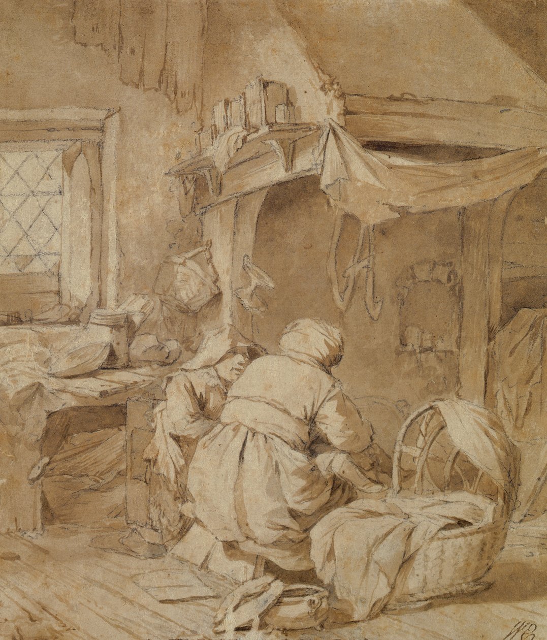 Farmhouse Parlor with Farmer, Cradle and Child, c.1654 (penna och bläck och pensla över penna på papper) av Cornelis Pietersz Bega