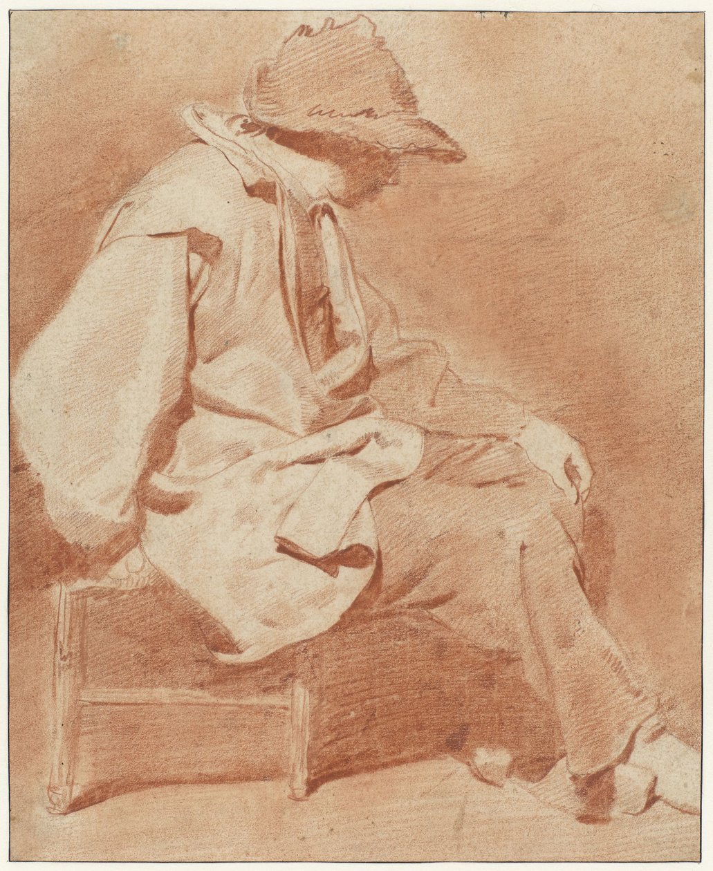 Sittande man bär en keps, hans vänstra hand på knäet, vänd åt höger av Cornelis Pietersz. Bega