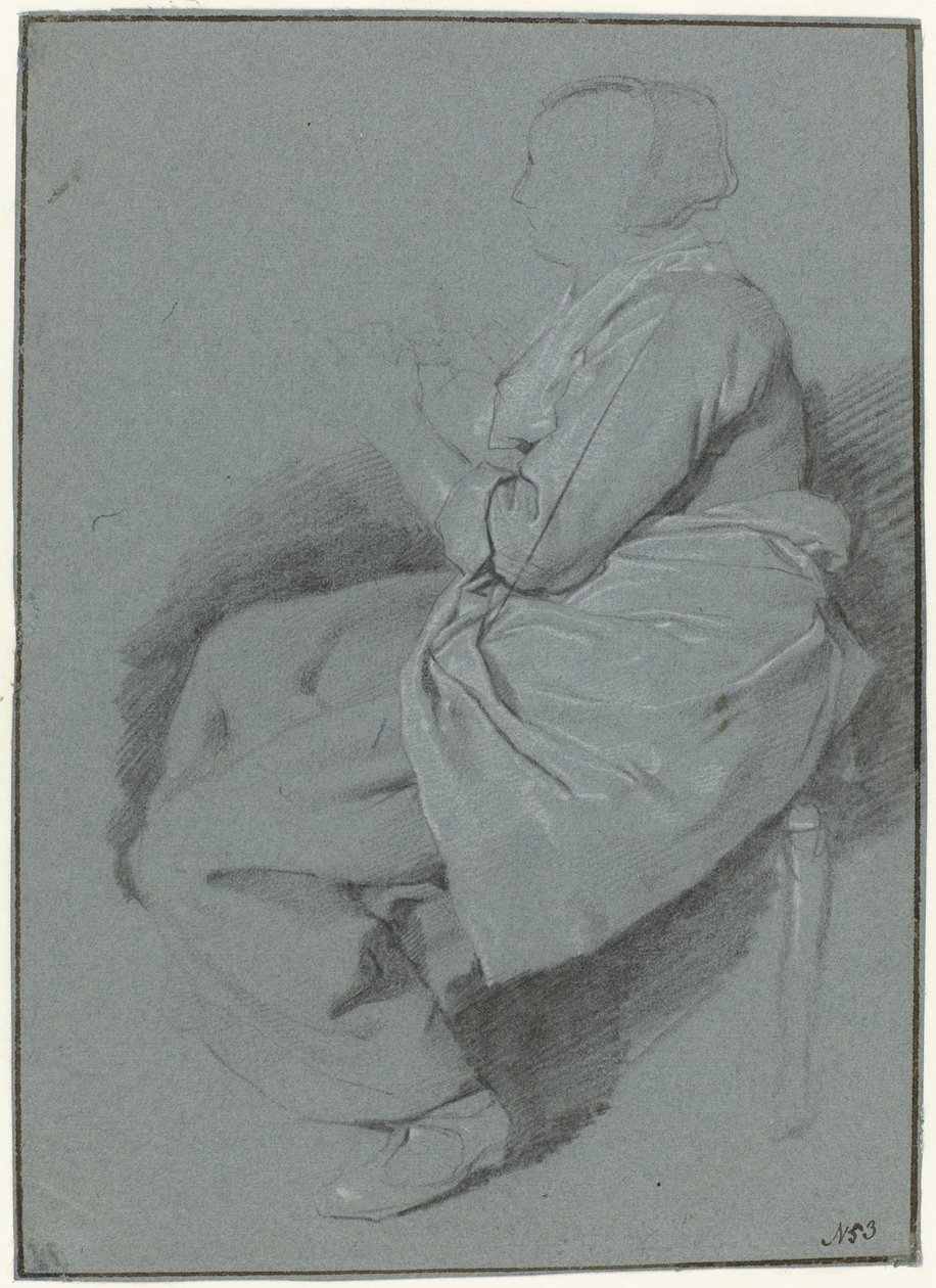 Sittande kvinna, i profil till vänster, bär ett förkläde av Cornelis Pietersz. Bega