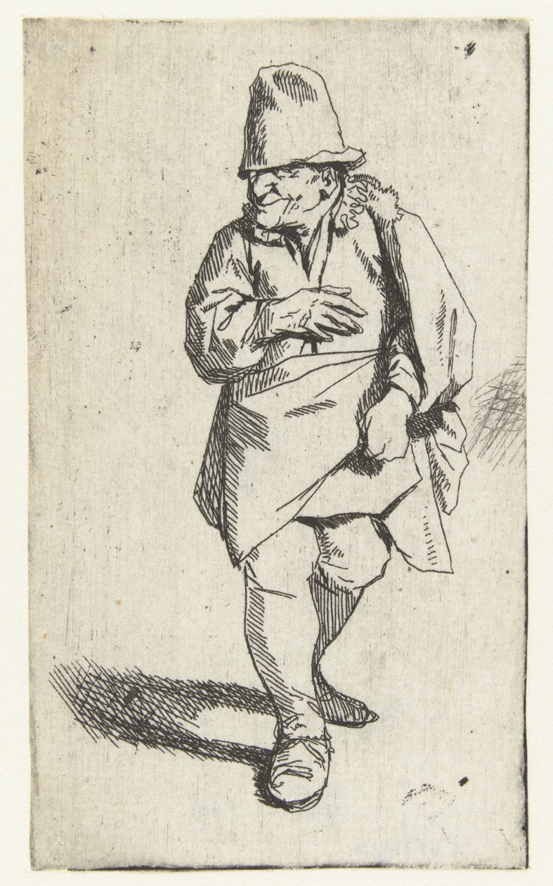 Stående man med hög hatt eller keps, höger hand framför bröstet av Cornelis Pietersz. Bega