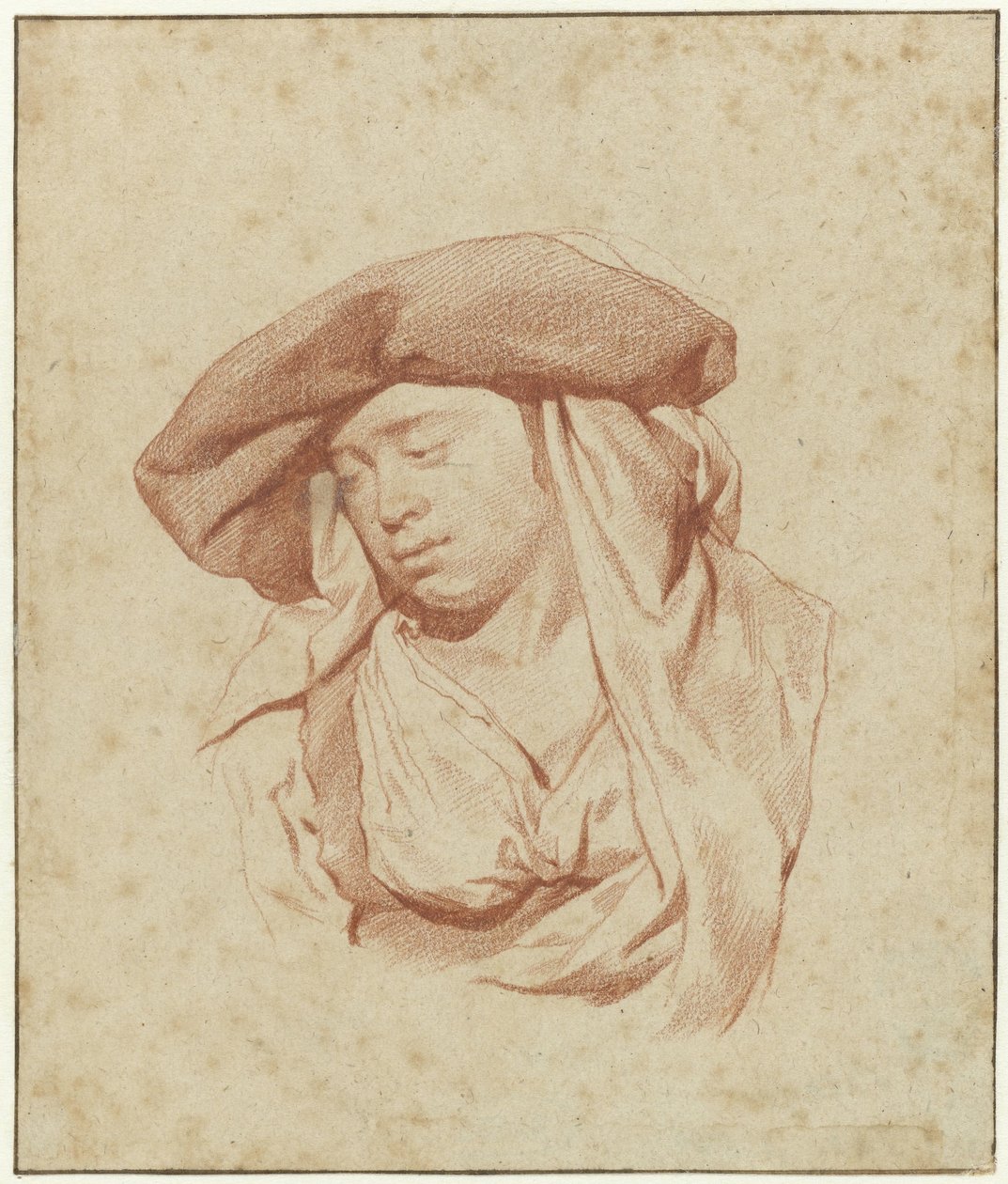 Studie av en kvinna, bystlängd, vänd något åt vänster och tittar ner av Cornelis Pietersz. Bega