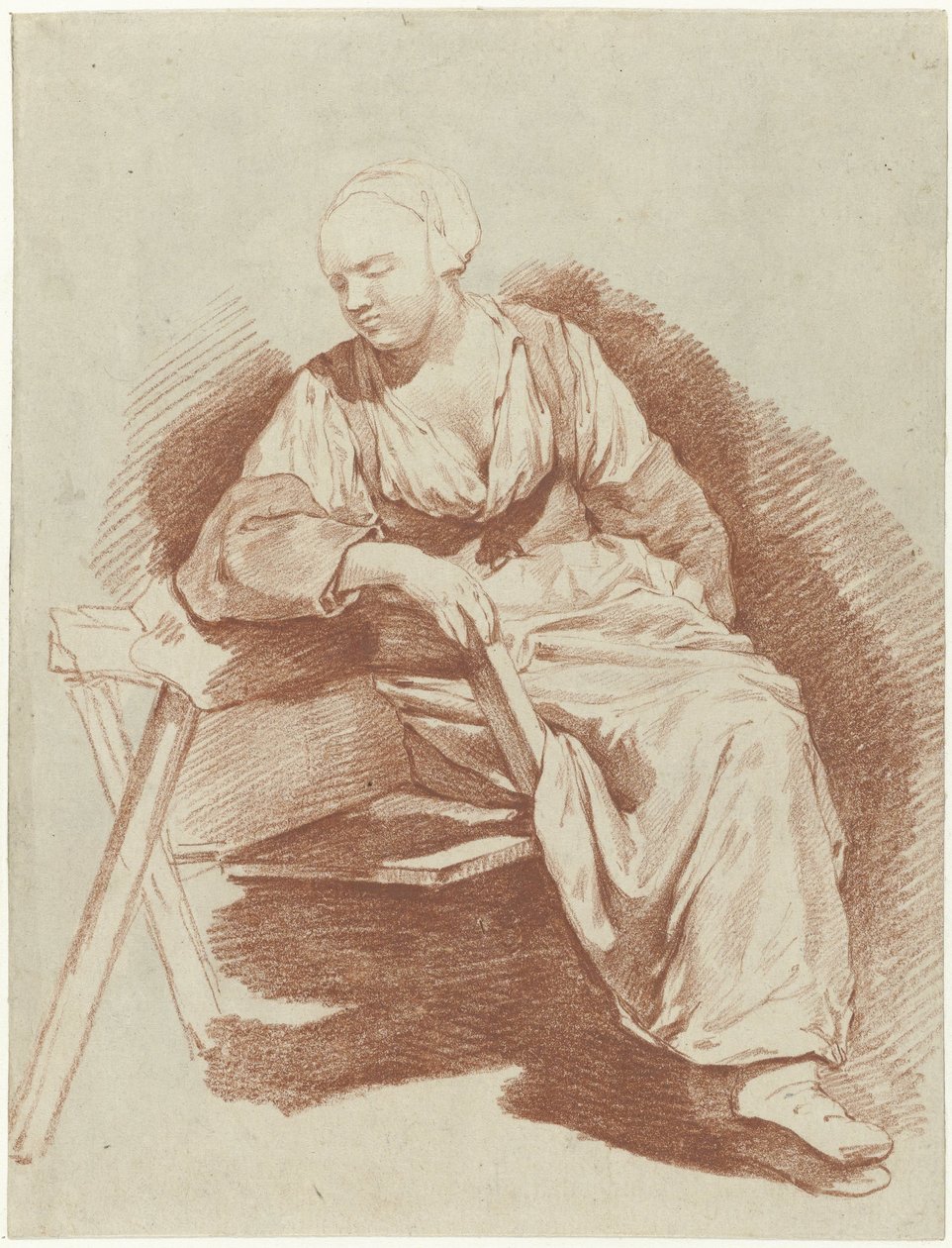 Studie av en kvinna som sitter, lutad på sin högra arm av Cornelis Pietersz. Bega