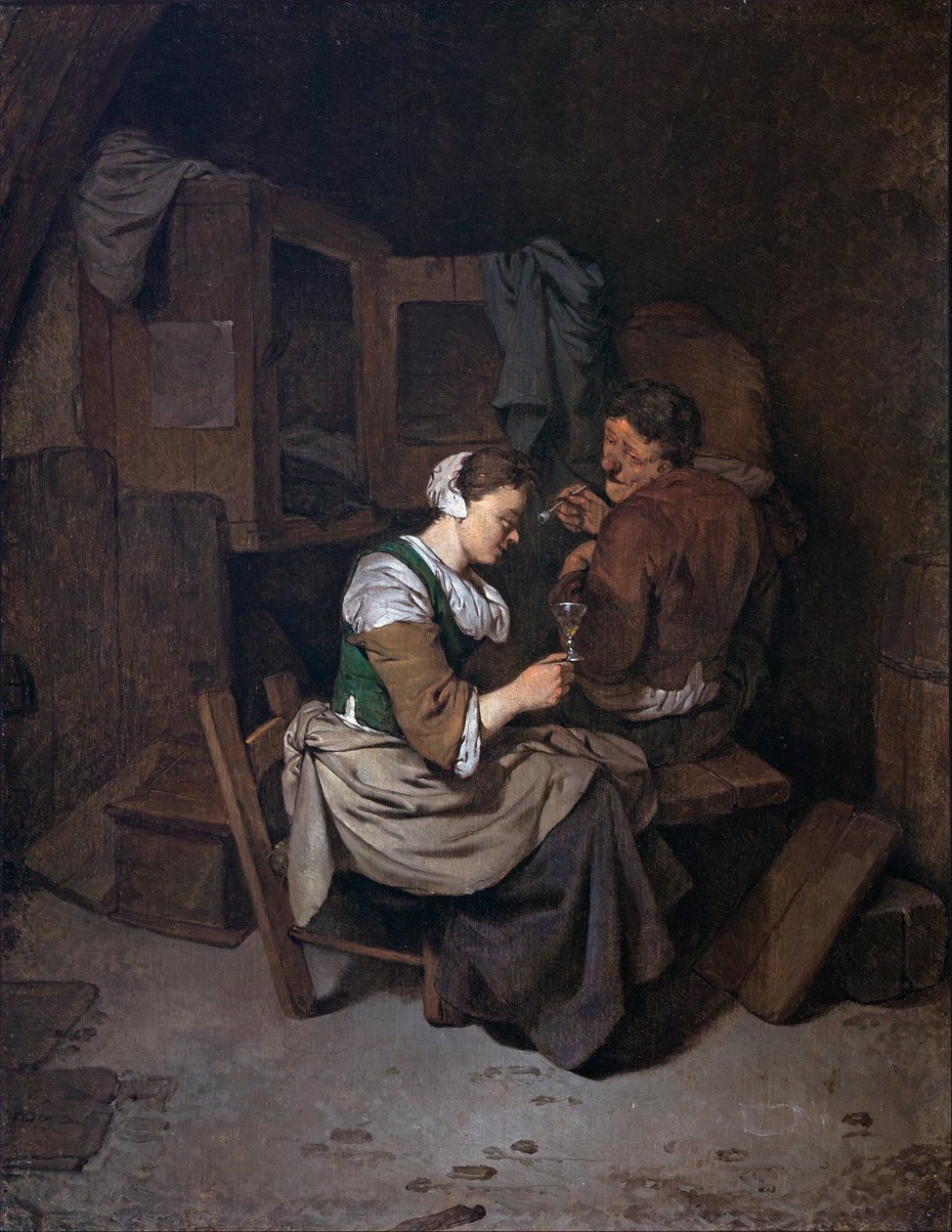 Kvinna med vinglas och två manliga bönder av Cornelis Pietersz Bega