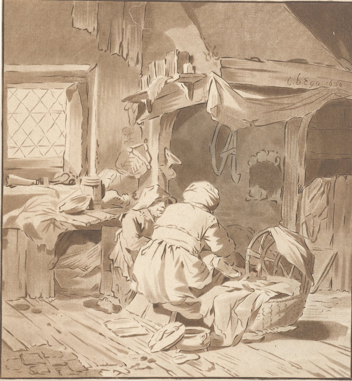 Bondgårdsinredning med två kvinnor av Cornelis Ploos van Amstel (signed by artist)
