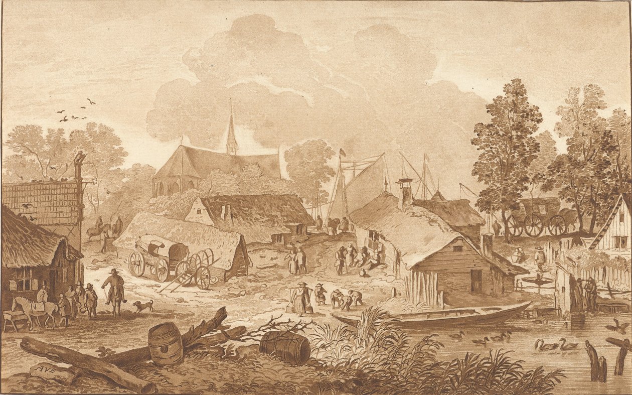 Byutsikt med damm av Cornelis Ploos van Amstel (signed by artist)