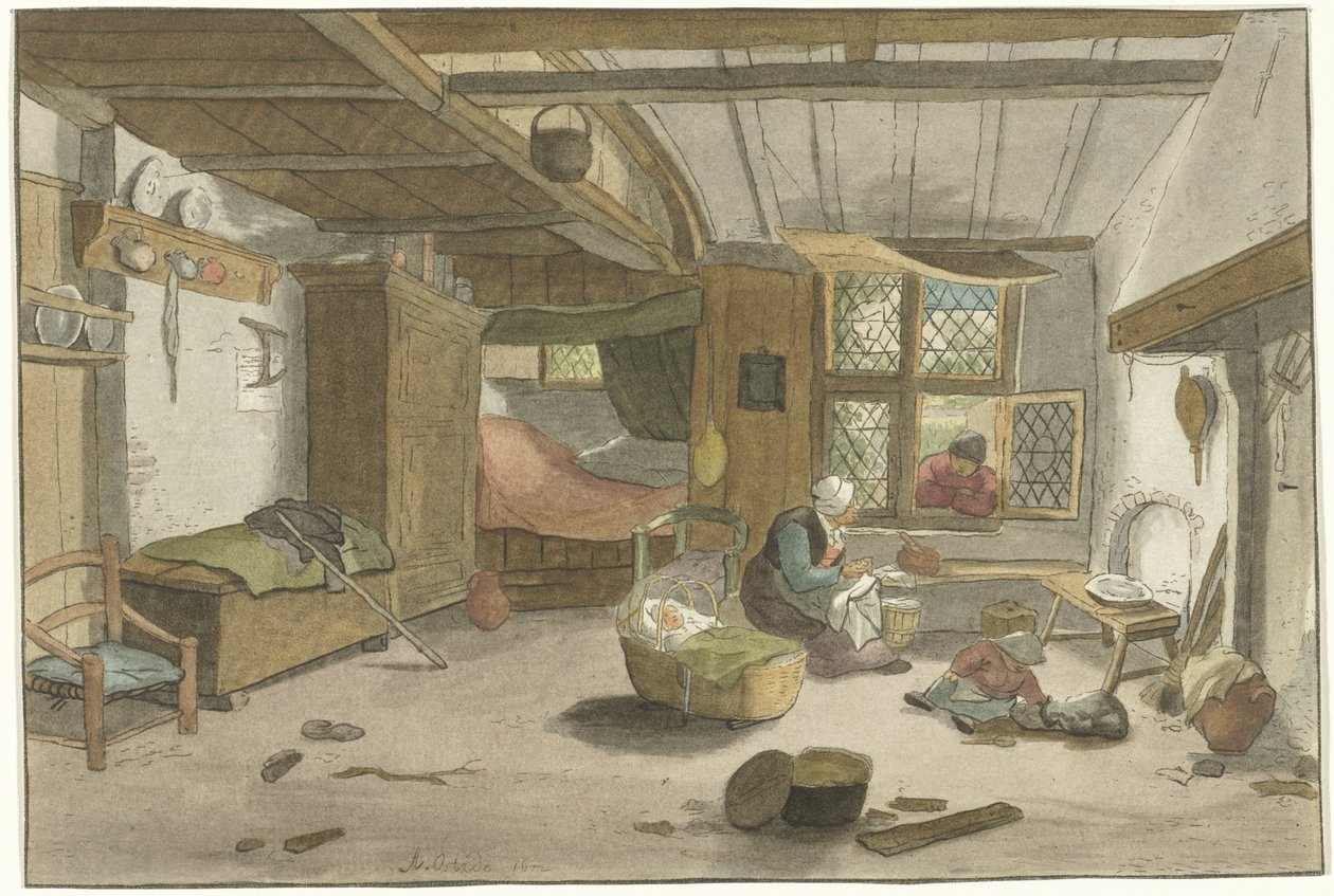 Interiör med kvinna vid spjälsängen av Cornelis Ploos van Amstel (signed by artist)