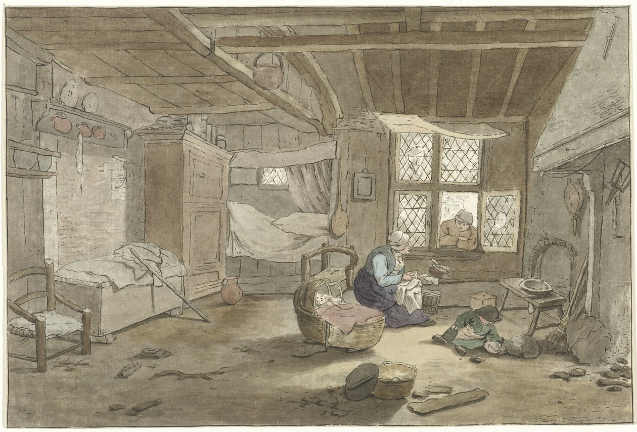 Interiör med kvinna vid spjälsängen av Cornelis Ploos van Amstel (signed by artist)