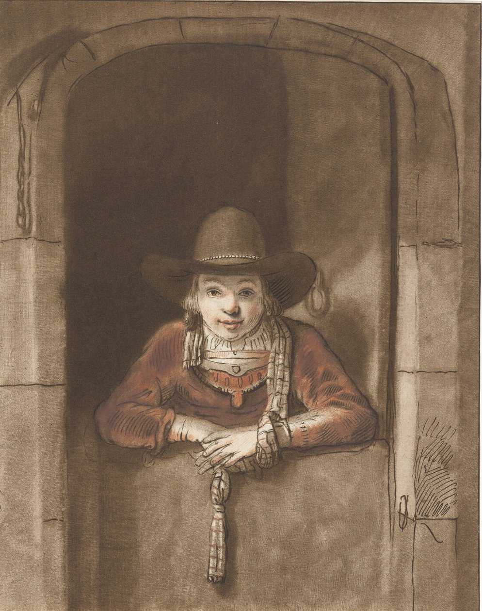 Pojke lutad över en nedre dörr av Cornelis Ploos van Amstel (signed by artist)