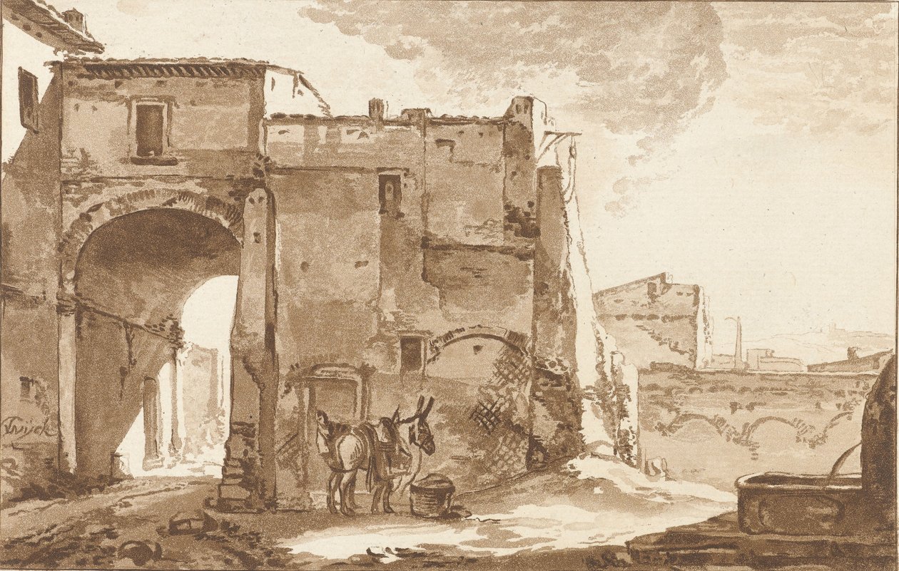 Port med resenär och mula av Cornelis Ploos van Amstel (signed by artist)