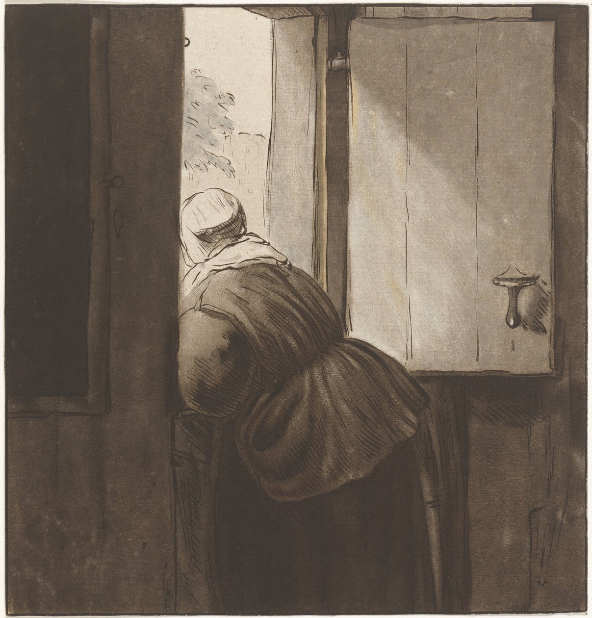 Kvinna lutad över en nedre dörr av Cornelis Ploos van Amstel (signed by artist)