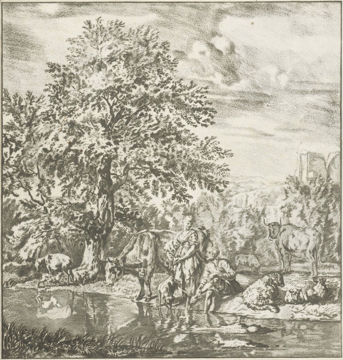 Herde och herdinna med flock vid en flod Tryckt verk (serietitel) av Cornelis Ploos van Amstel